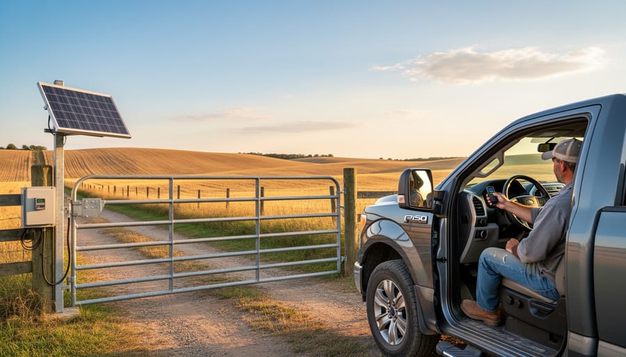 Farmer using remote control to operate automated farm gate from vehicle in winter conditions
