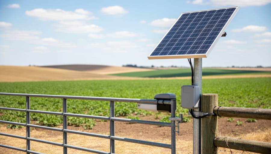 Solar gate opener installed on white farm gate with snow-covered pasture in background