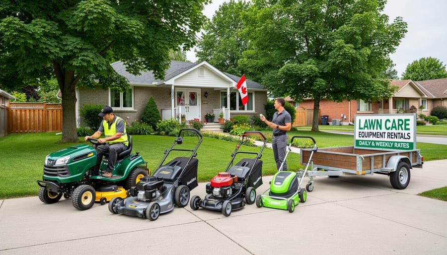 Contractor’s mower and fresh-cut lawn on a Canadian landscaping job site at sunrise