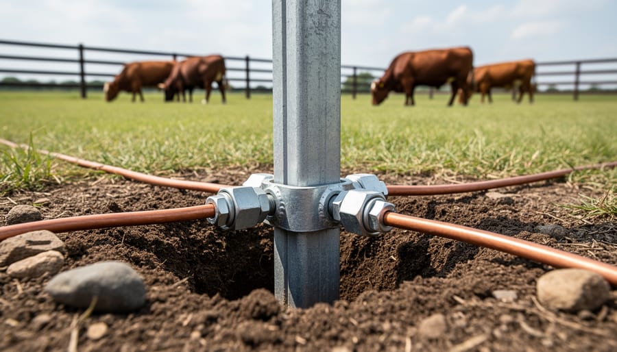 Gloved hands connecting grounding wire to a copper-coated ground rod in moist soil near a fence charger setup.