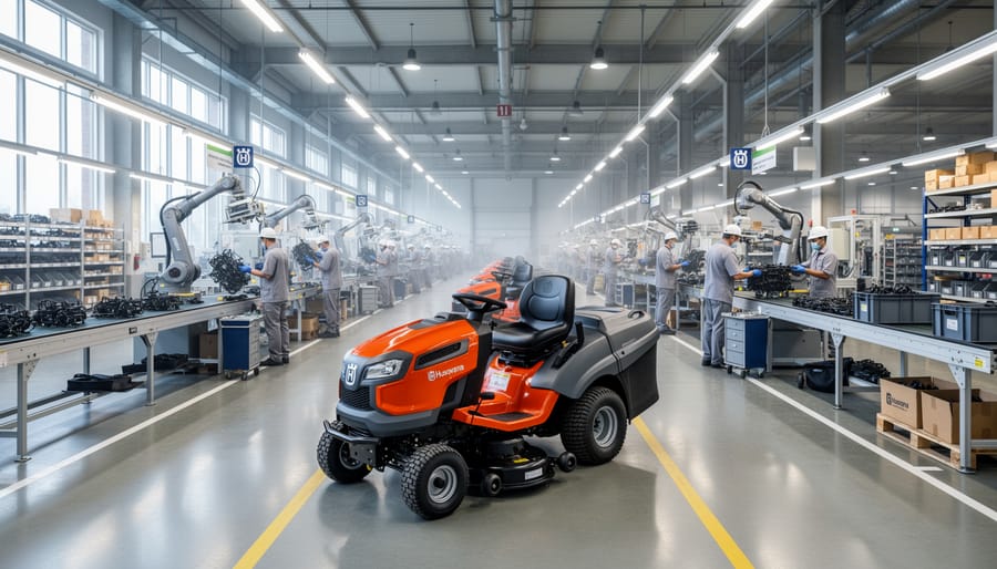 Workers in gloves preparing a lawn mower at a manufacturing facility with engines and components nearby