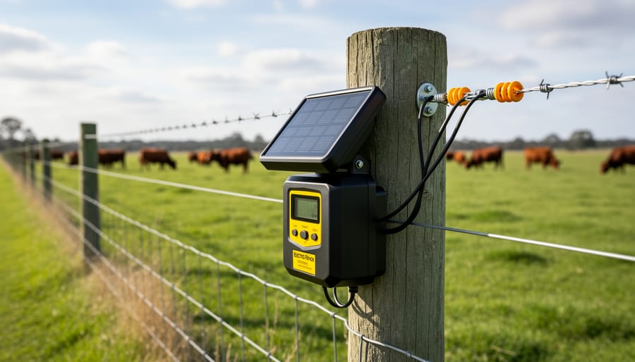 Solar electric fence charger and solar panel mounted beside a cattle fence with wire running along farm posts.