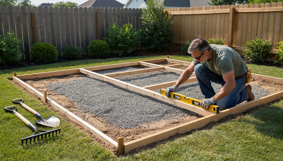 A level and tape measure used to verify a gravel foundation base for a small storage shed.