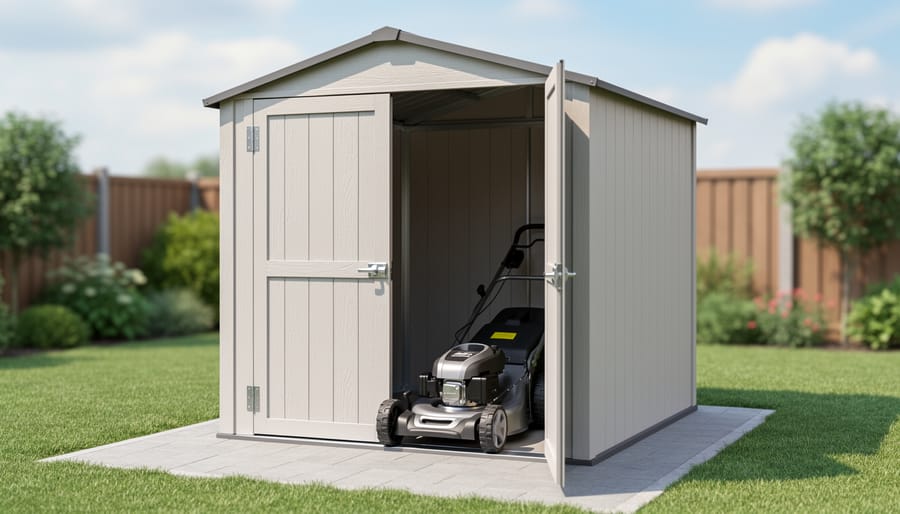 A push mower stored inside a small wooden shed with the door open.