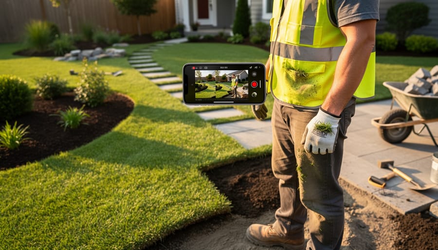 Landscaping crew member filming a lawn project with a smartphone and tripod