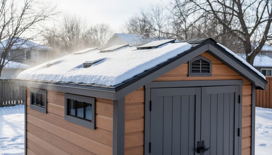 Roofline of a small storage shed with ventilation visible in a snowy outdoor setting.