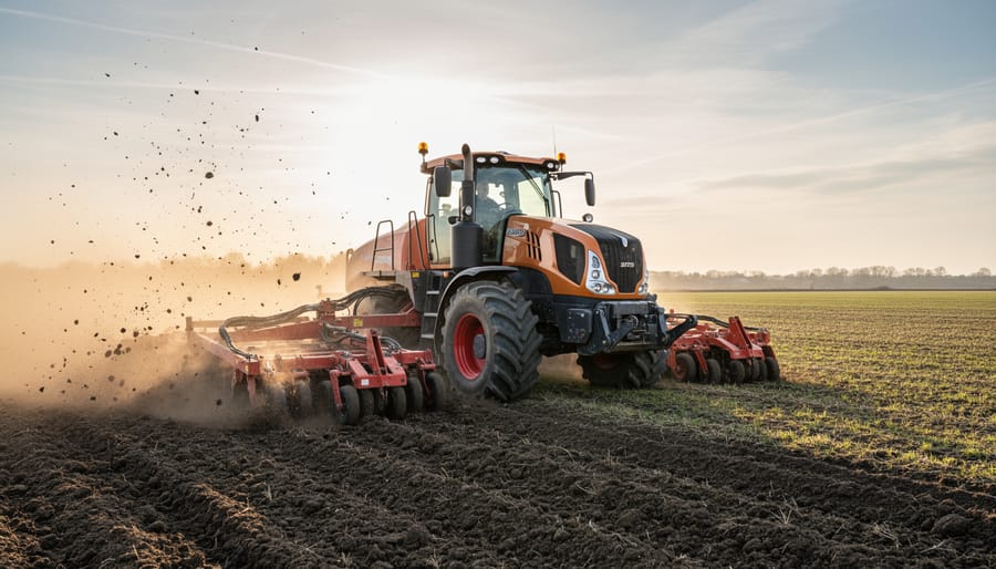 Tractor working in a Canadian farm field with dust and crops in the background
